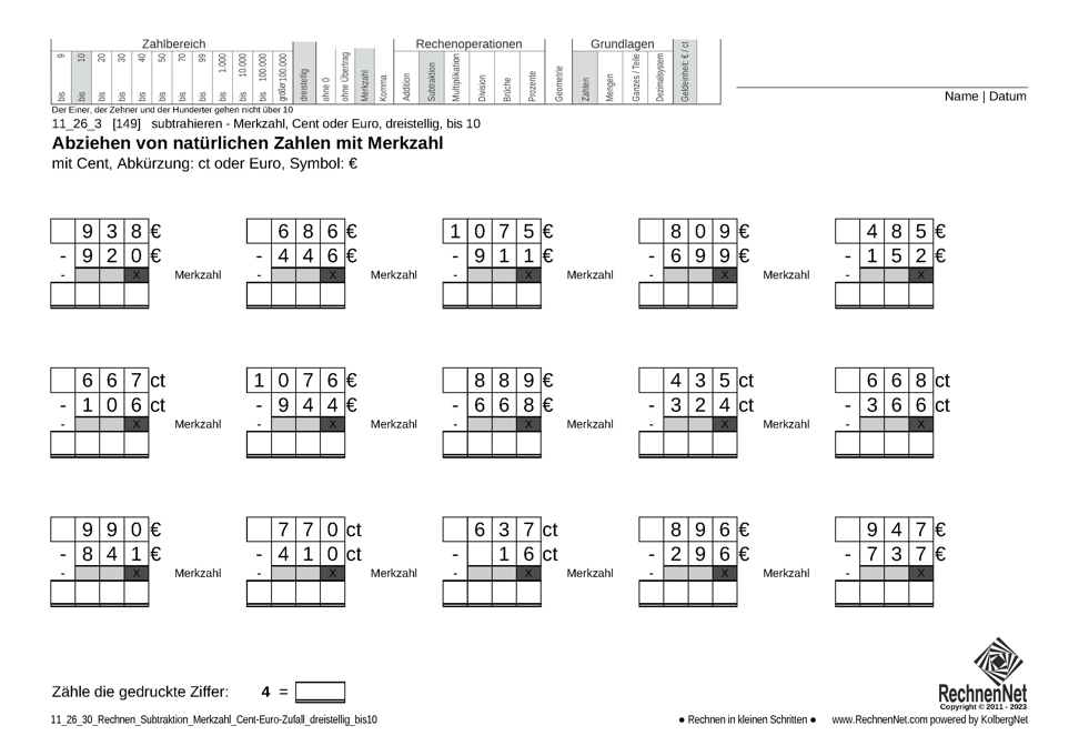 11_26_3 Rechnen Subtraktion Merkzahl Cent-Euro dreistellig bis10