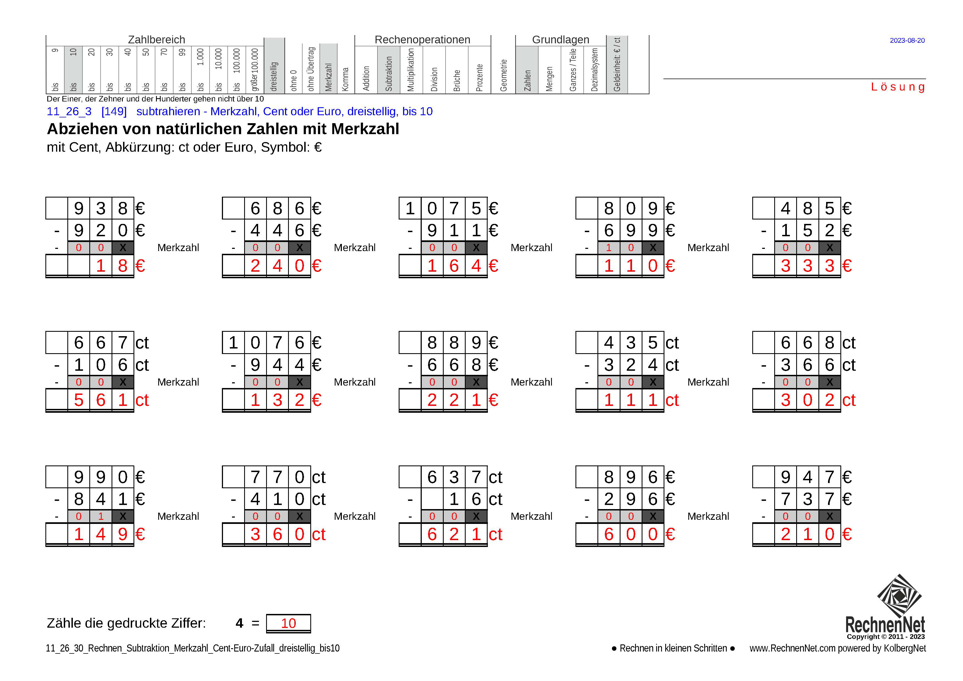Lösung: 11_26_3 Rechnen Subtraktion Merkzahl Cent-Euro dreistellig bis10