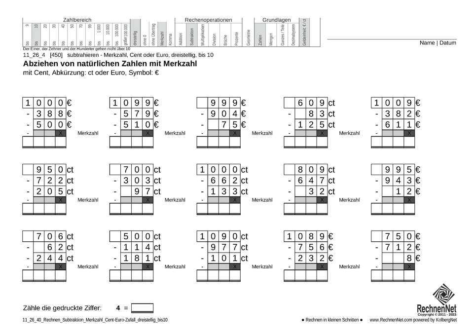 11_26_4 Rechnen Subtraktion Merkzahl Cent-Euro dreistellig bis10