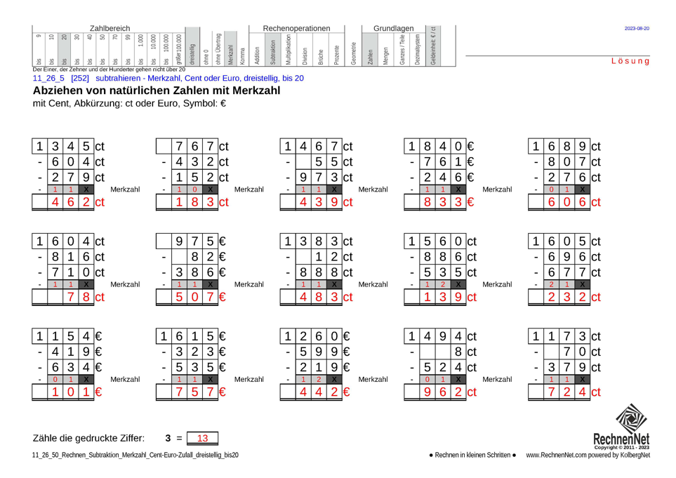 Lösung: 11_26_5 Rechnen Subtraktion Merkzahl Cent-Euro dreistellig bis20