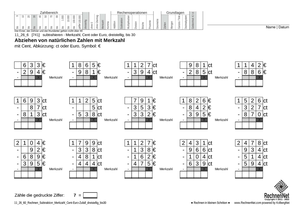 11_26_6 Rechnen Subtraktion Merkzahl Cent-Euro dreistellig bis30