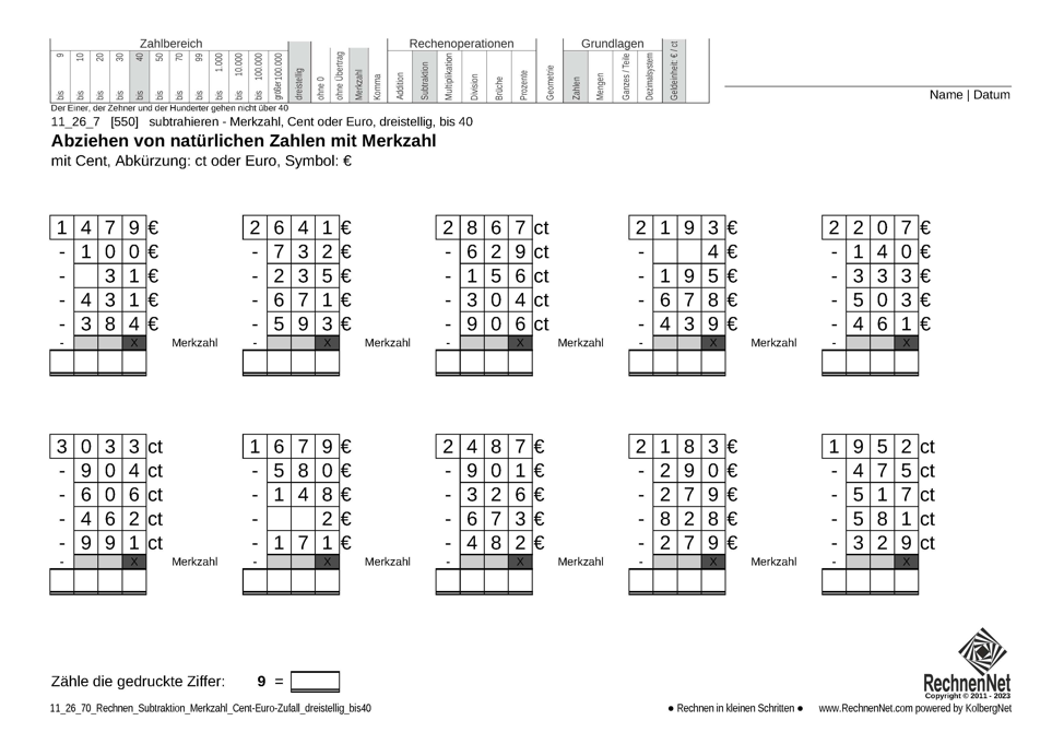 11_26_7 Rechnen Subtraktion Merkzahl Cent-Euro dreistellig bis40