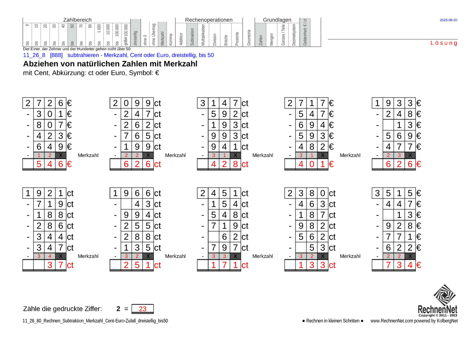 Lösung: 11_26_8 Rechnen Subtraktion Merkzahl Cent-Euro dreistellig bis50
