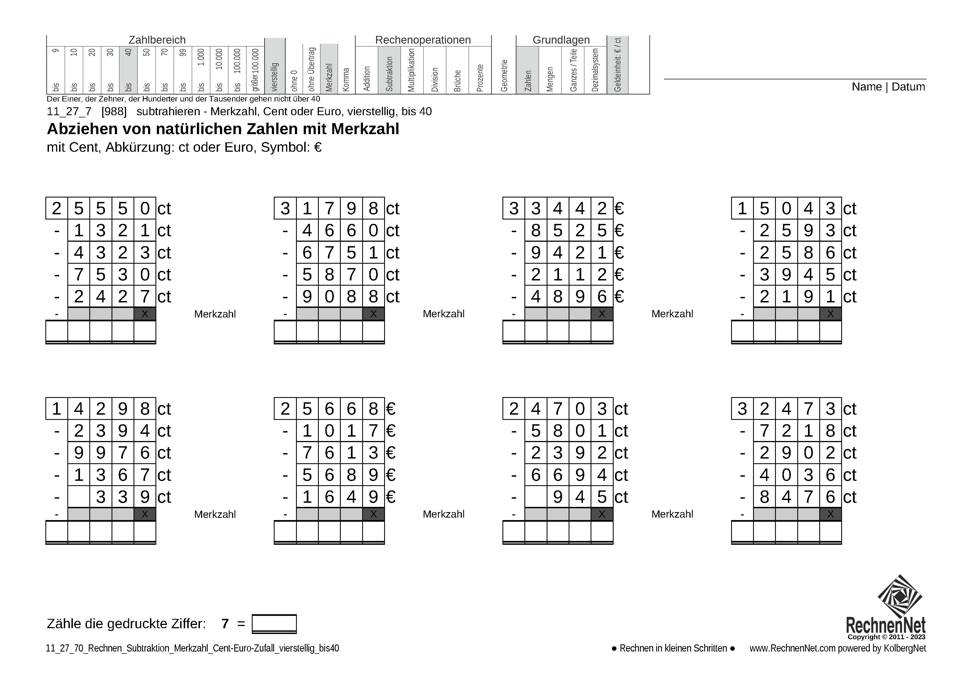 11_27_7 Rechnen Subtraktion Merkzahl Cent-Euro vierstellig bis40