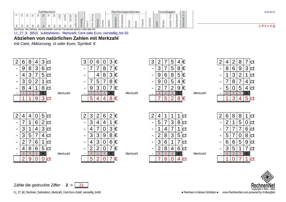 Lösung: 11_27_8 Rechnen Subtraktion Merkzahl Cent-Euro vierstellig bis50