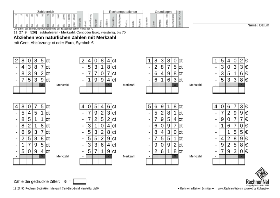 11_27_9 Rechnen Subtraktion Merkzahl Cent-Euro vierstellig bis70