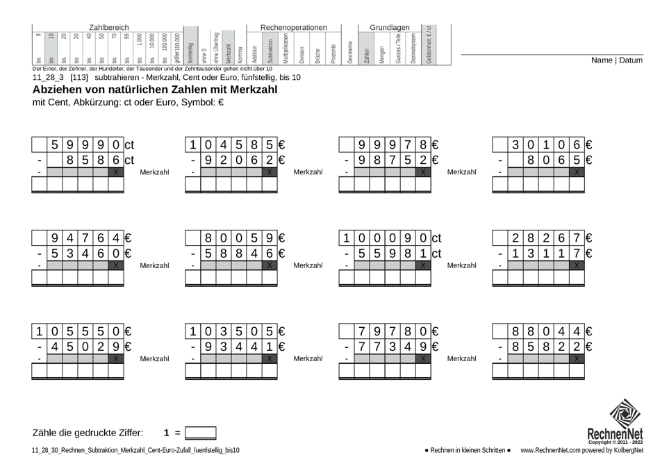 11_28_3 Rechnen Subtraktion Merkzahl Cent-Euro fünfstellig bis10