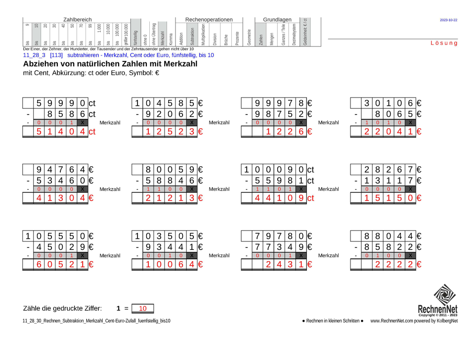 Lösung: 11_28_3 Rechnen Subtraktion Merkzahl Cent-Euro fünfstellig bis10