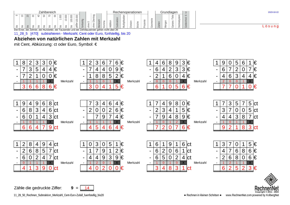 Lösung: 11_28_5 Rechnen Subtraktion Merkzahl Cent-Euro fünfstellig bis20