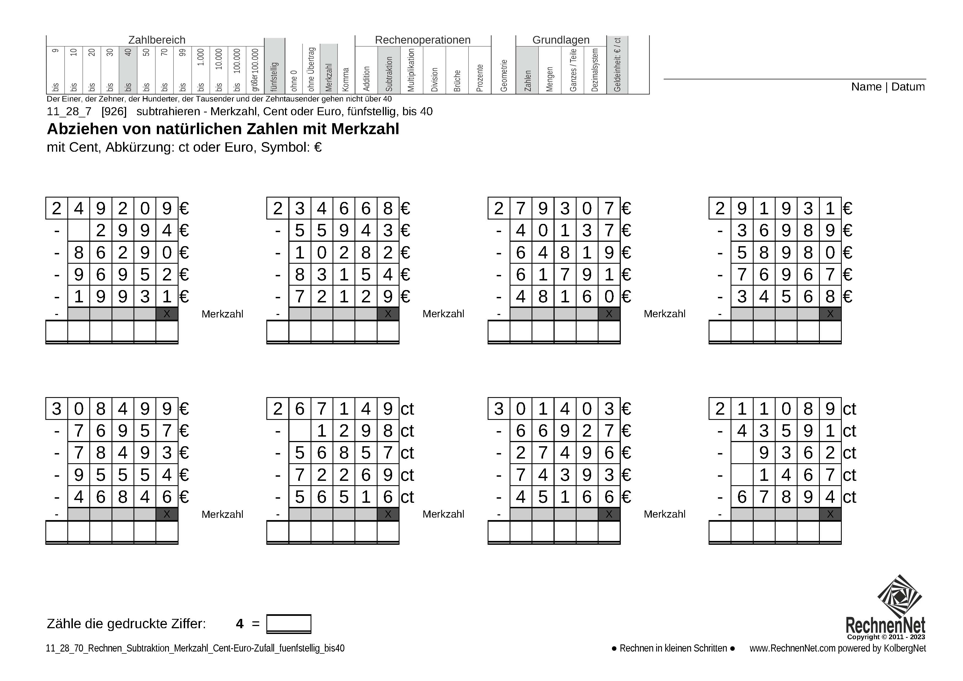 11_28_7 Rechnen Subtraktion Merkzahl Cent-Euro fünfstellig bis40