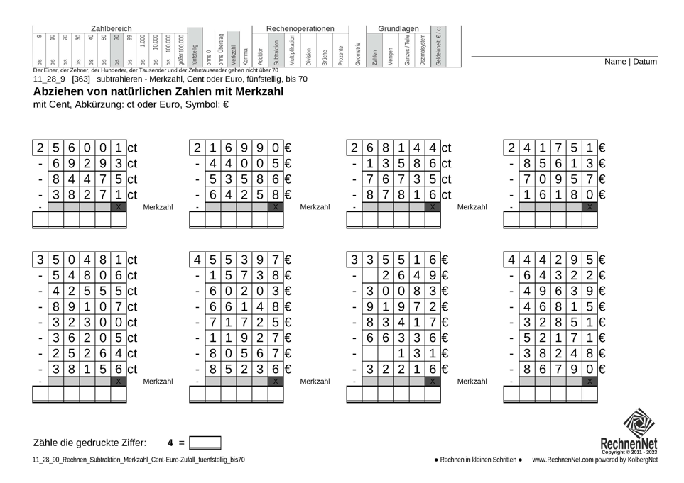 11_28_9 Rechnen Subtraktion Merkzahl Cent-Euro fünfstellig bis70