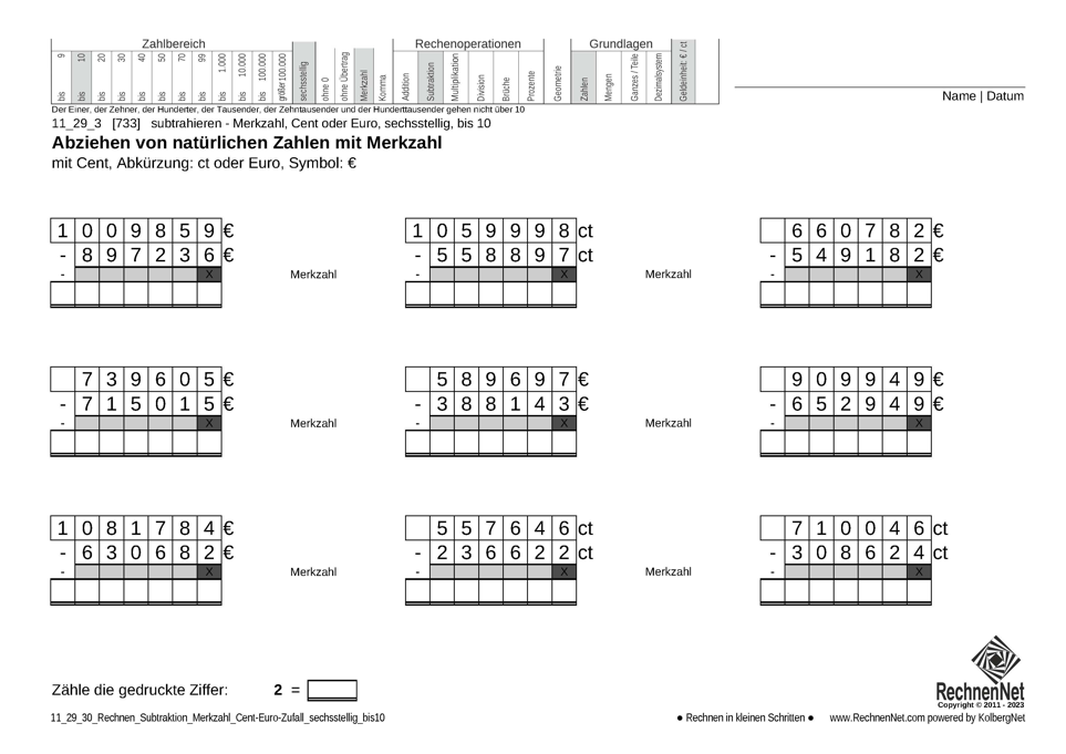 11_29_3 Rechnen Subtraktion Merkzahl Cent-Euro sechsstellig bis10