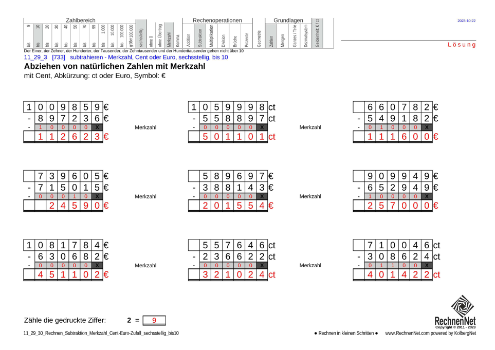 Lösung: 11_29_3 Rechnen Subtraktion Merkzahl Cent-Euro sechsstellig bis10