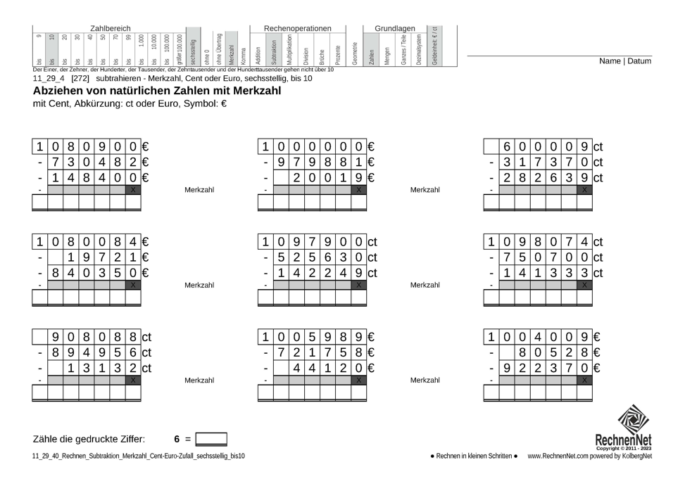 11_29_4 Rechnen Subtraktion Merkzahl Cent-Euro sechsstellig bis10