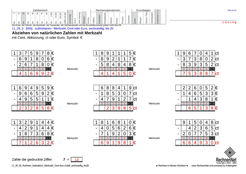 Lösung: 11_29_5 Rechnen Subtraktion Merkzahl Cent-Euro sechsstellig bis20