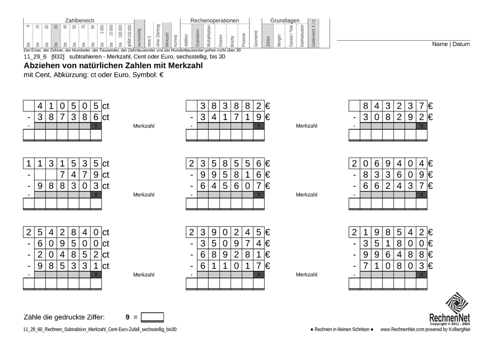 11_29_6 Rechnen Subtraktion Merkzahl Cent-Euro sechsstellig bis30