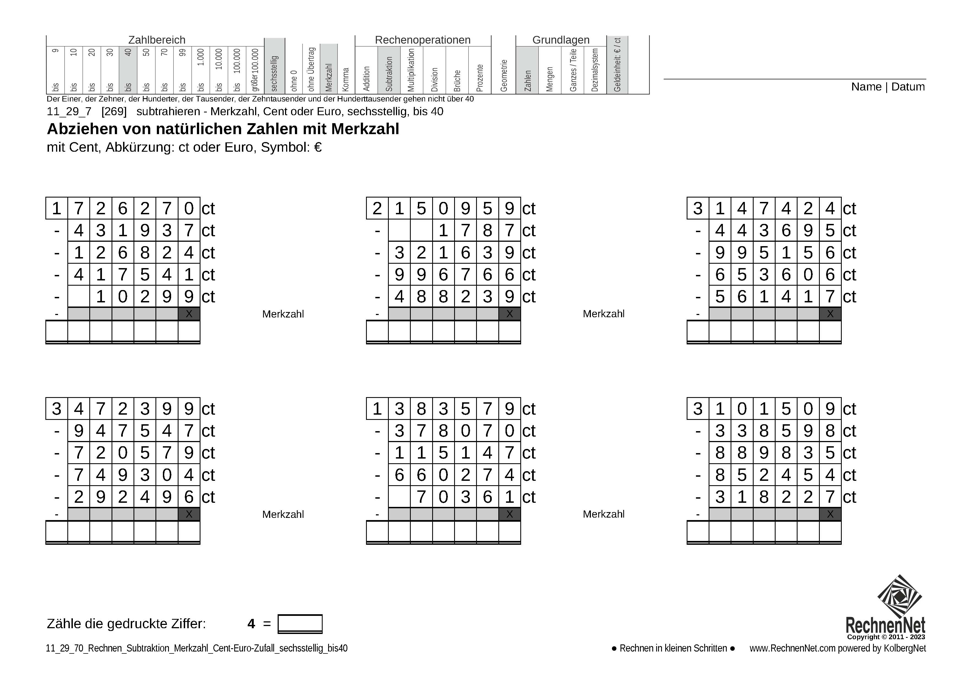 11_29_7 Rechnen Subtraktion Merkzahl Cent-Euro sechsstellig bis40