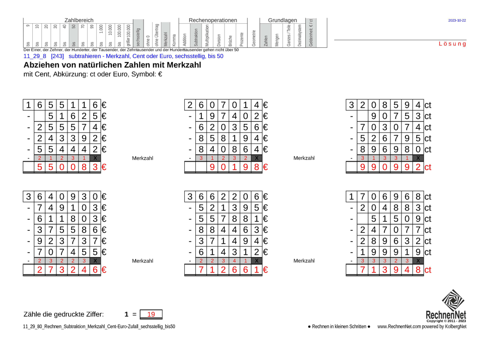 Lösung: 11_29_8 Rechnen Subtraktion Merkzahl Cent-Euro sechsstellig bis50
