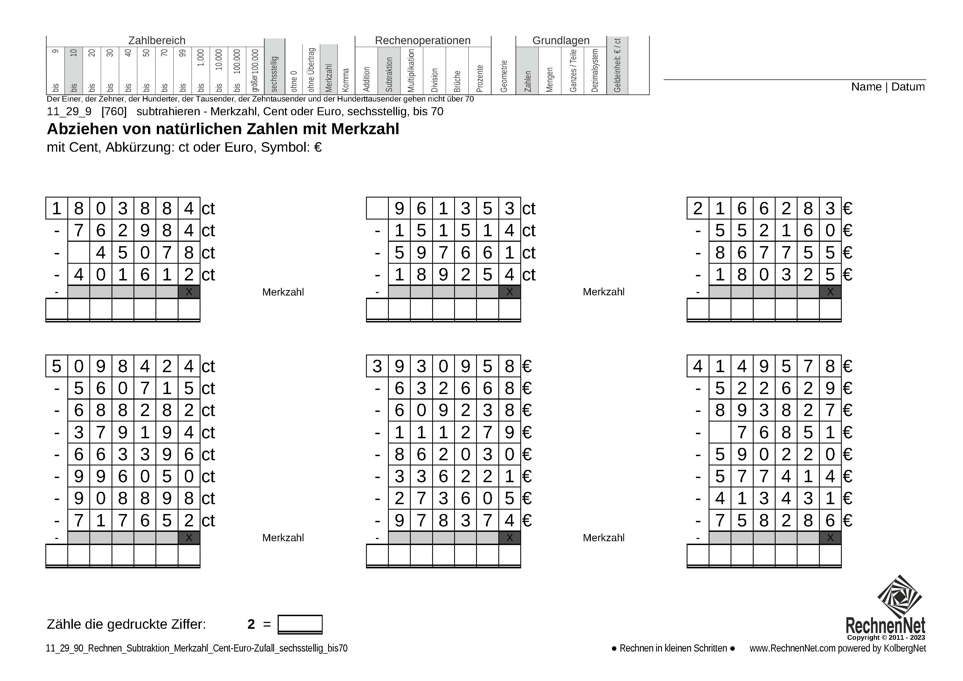 11_29_9 Rechnen Subtraktion Merkzahl Cent-Euro sechsstellig bis70