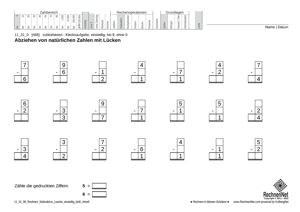 11_31_0 Rechnen Subtraktion Lücke einstellig bis9 ohne0