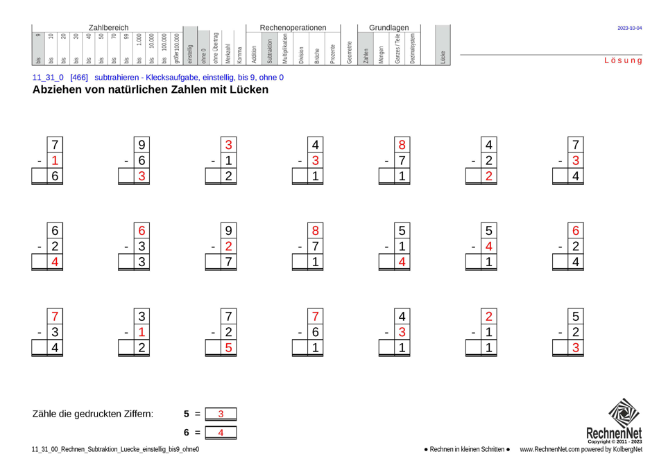 Lösung: 11_31_0 Rechnen Subtraktion Lücke einstellig bis9 ohne0