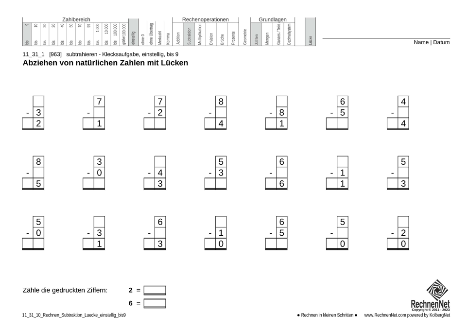 11_31_1 Rechnen Subtraktion Lücke einstellig bis9 11_31_1 Rechnen Subtraktion Lücke einstellig bis9