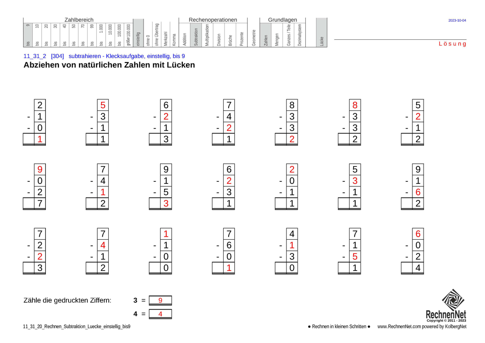 Lösung: 11_31_2 Rechnen Subtraktion Lücke einstellig bis9 Lösung: 11_31_2 Rechnen Subtraktion Lücke einstellig bis9