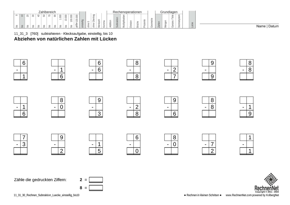 11_31_3 Rechnen Subtraktion Lücke einstellig bis10 11_31_3 Rechnen Subtraktion Lücke einstellig bis10