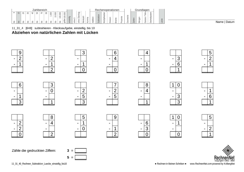 11_31_4 Rechnen Subtraktion Lücke einstellig bis10 11_31_4 Rechnen Subtraktion Lücke einstellig bis10
