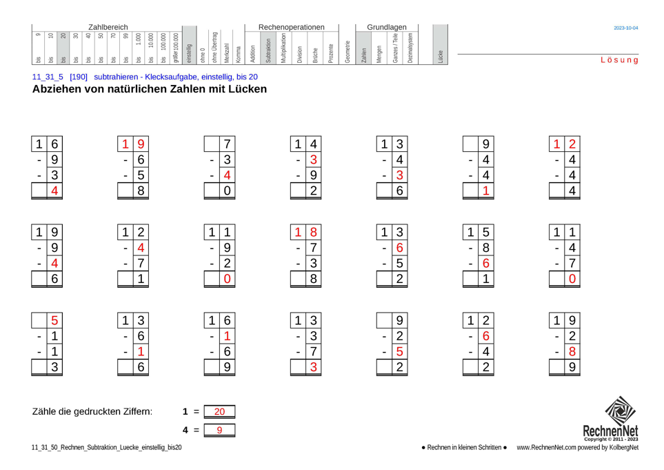 Lösung: 11_31_5 Rechnen Subtraktion Lücke einstellig bis20 Lösung: 11_31_5 Rechnen Subtraktion Lücke einstellig bis20