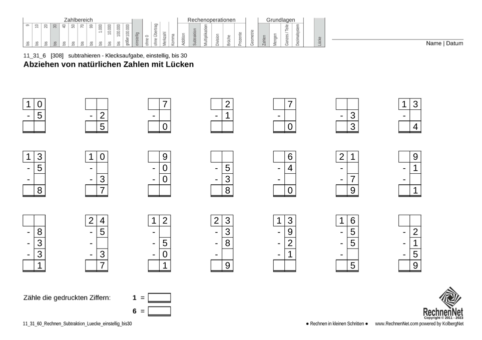 11_31_6 Rechnen Subtraktion Lücke einstellig bis30 11_31_6 Rechnen Subtraktion Lücke einstellig bis30