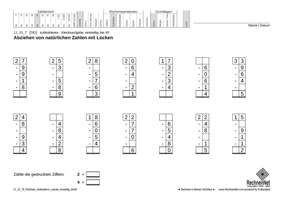 11_31_7 Rechnen Subtraktion Lücke einstellig bis40 11_31_7 Rechnen Subtraktion Lücke einstellig bis40