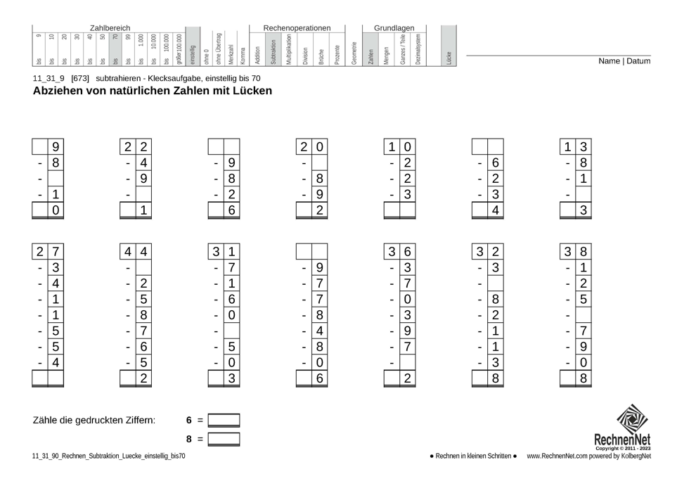11_31_9 Rechnen Subtraktion Lücke einstellig bis70 11_31_9 Rechnen Subtraktion Lücke einstellig bis70