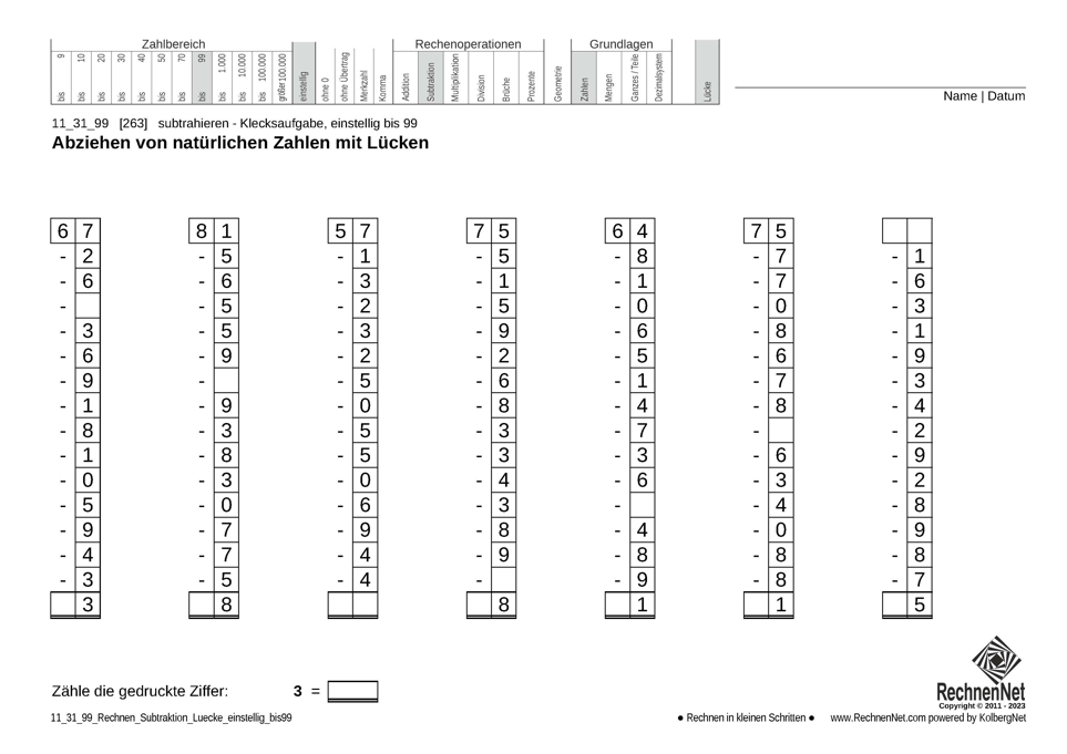 11_31_9 Rechnen Subtraktion Lücke einstellig bis99 11_31_9 Rechnen Subtraktion Lücke einstellig bis99