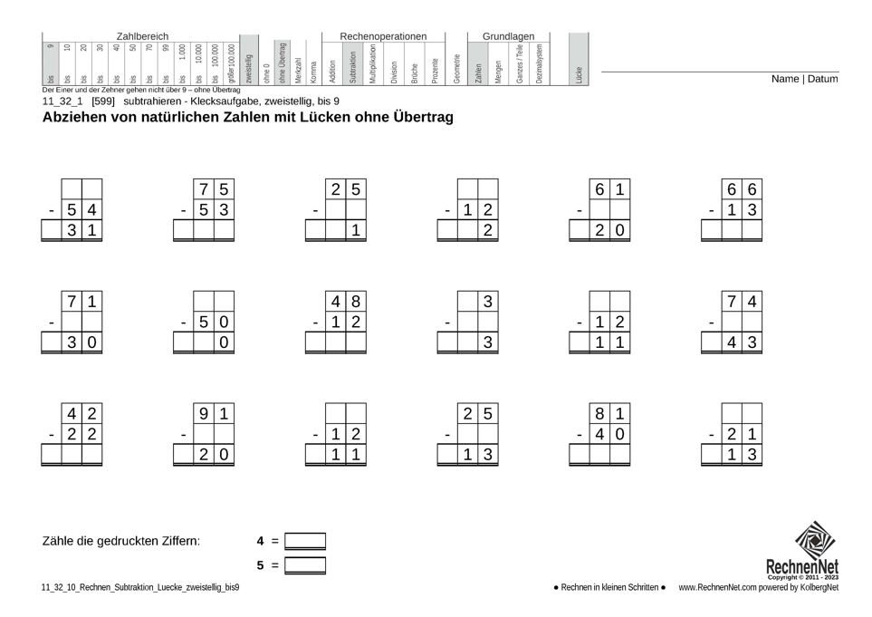 11_32_1 Rechnen Subtraktion Lücke zweistellig bis9 11_32_1 Rechnen Subtraktion Lücke zweistellig bis9