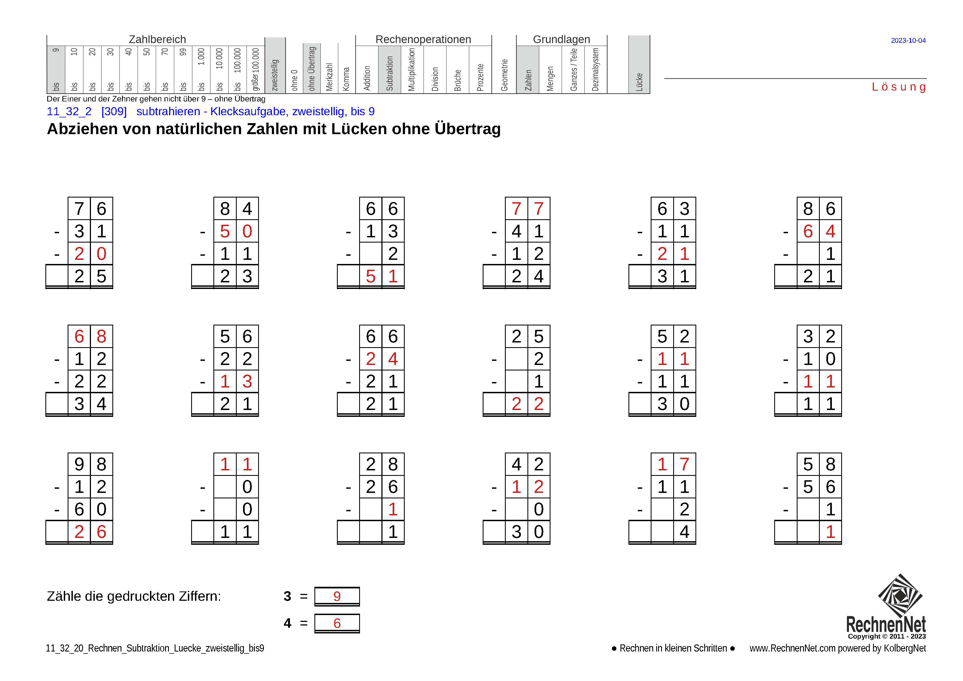 Lösung: 11_32_2 Rechnen Subtraktion Lücke zweistellig bis9 Lösung: 11_32_2 Rechnen Subtraktion Lücke zweistellig bis9