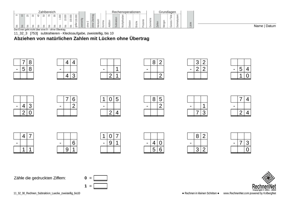 11_32_3 Rechnen Subtraktion Lücke zweistellig bis10 11_32_3 Rechnen Subtraktion Lücke zweistellig bis10