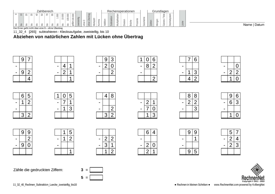 11_32_4 Rechnen Subtraktion Lücke zweistellig bis10 11_32_4 Rechnen Subtraktion Lücke zweistellig bis10
