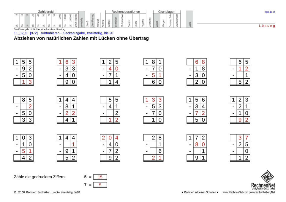 Lösung: 11_32_5 Rechnen Subtraktion Lücke zweistellig bis20 Lösung: 11_32_5 Rechnen Subtraktion Lücke zweistellig bis20