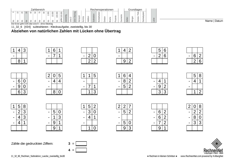 11_32_6 Rechnen Subtraktion Lücke zweistellig bis30 11_32_6 Rechnen Subtraktion Lücke zweistellig bis30