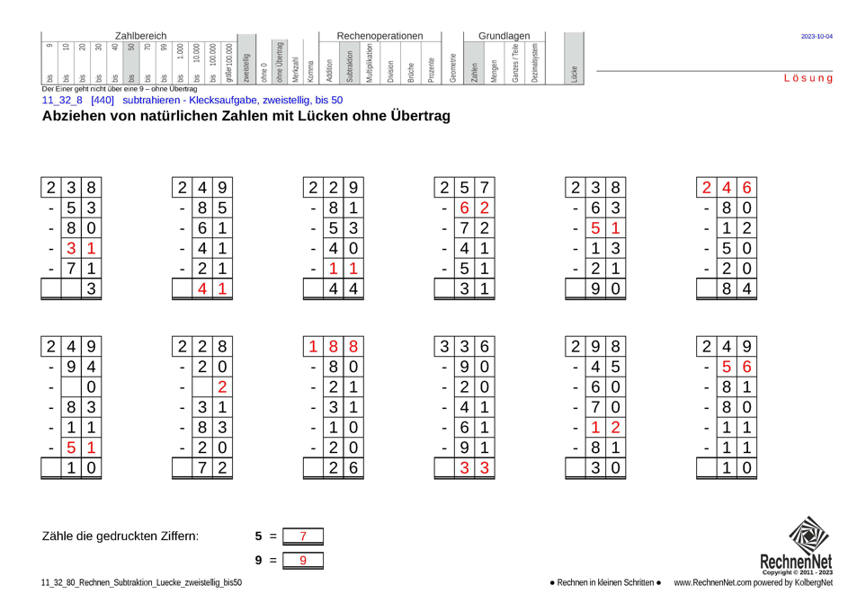 Lösung: 11_32_8 Rechnen Subtraktion Lücke zweistellig bis50 Lösung: 11_32_8 Rechnen Subtraktion Lücke zweistellig bis50