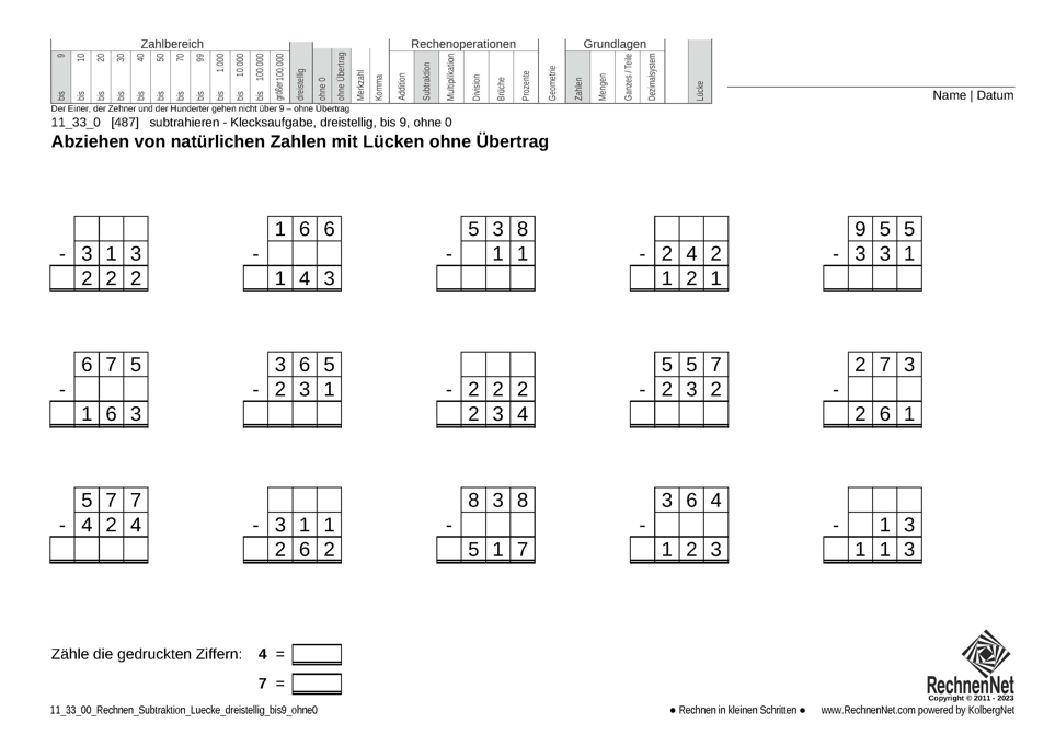 11_33_0 Rechnen Subtraktion Lücke dreistellig bis9 ohne0