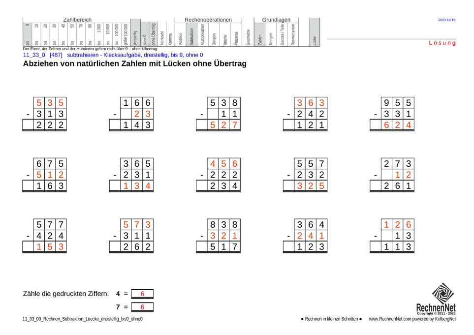 Lösung: 11_33_0 Rechnen Subtraktion Lücke dreistellig bis9 ohne0