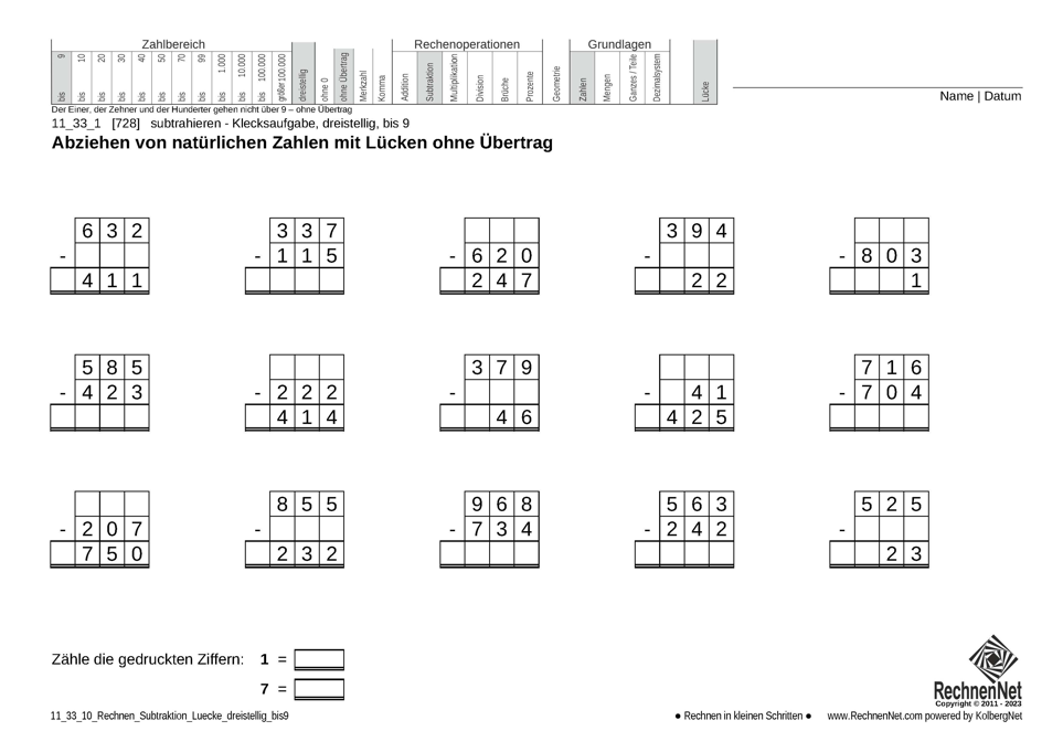 11_33_1 Rechnen Subtraktion Lücke dreistellig bis9 11_33_1 Rechnen Subtraktion Lücke dreistellig bis9