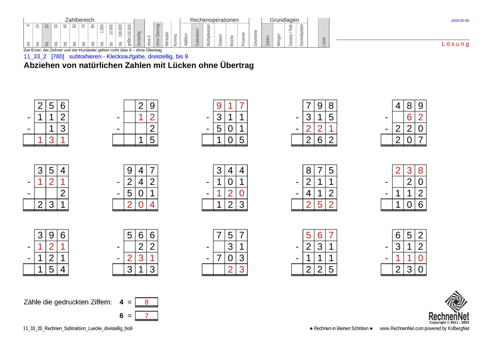 Lösung: 11_33_2 Rechnen Subtraktion Lücke dreistellig bis9 Lösung: 11_33_2 Rechnen Subtraktion Lücke dreistellig bis9
