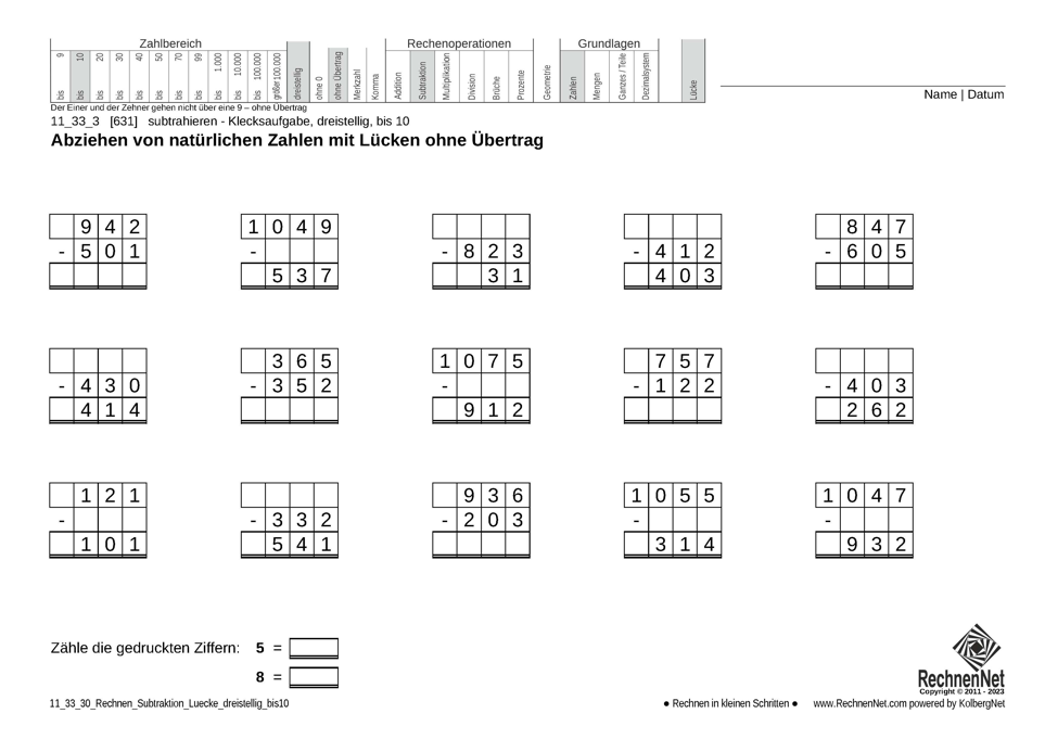 11_33_3 Rechnen Subtraktion Lücke dreistellig bis10 11_33_3 Rechnen Subtraktion Lücke dreistellig bis10