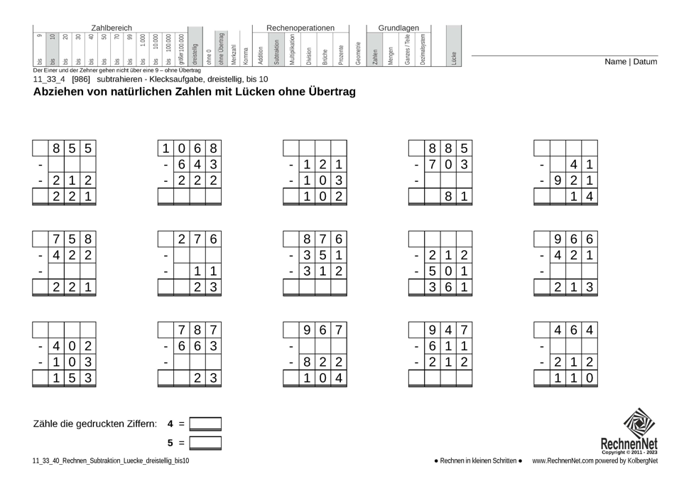 11_33_4 Rechnen Subtraktion Lücke dreistellig bis10 11_33_4 Rechnen Subtraktion Lücke dreistellig bis10