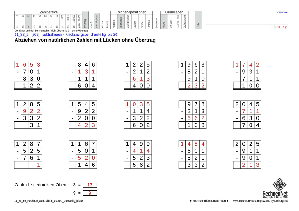 Lösung: 11_33_5 Rechnen Subtraktion Lücke dreistellig bis20 Lösung: 11_33_5 Rechnen Subtraktion Lücke dreistellig bis20