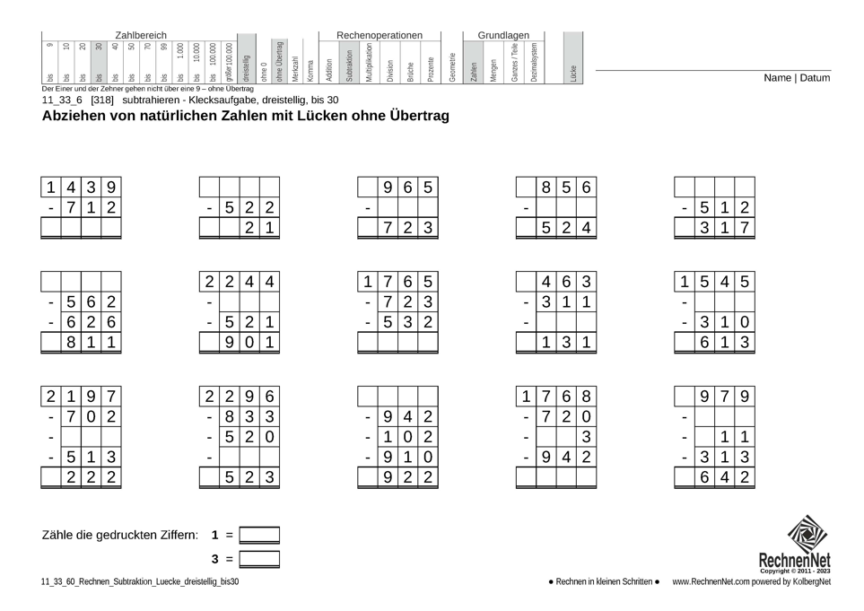 11_33_6 Rechnen Subtraktion Lücke dreistellig bis30 11_33_6 Rechnen Subtraktion Lücke dreistellig bis30