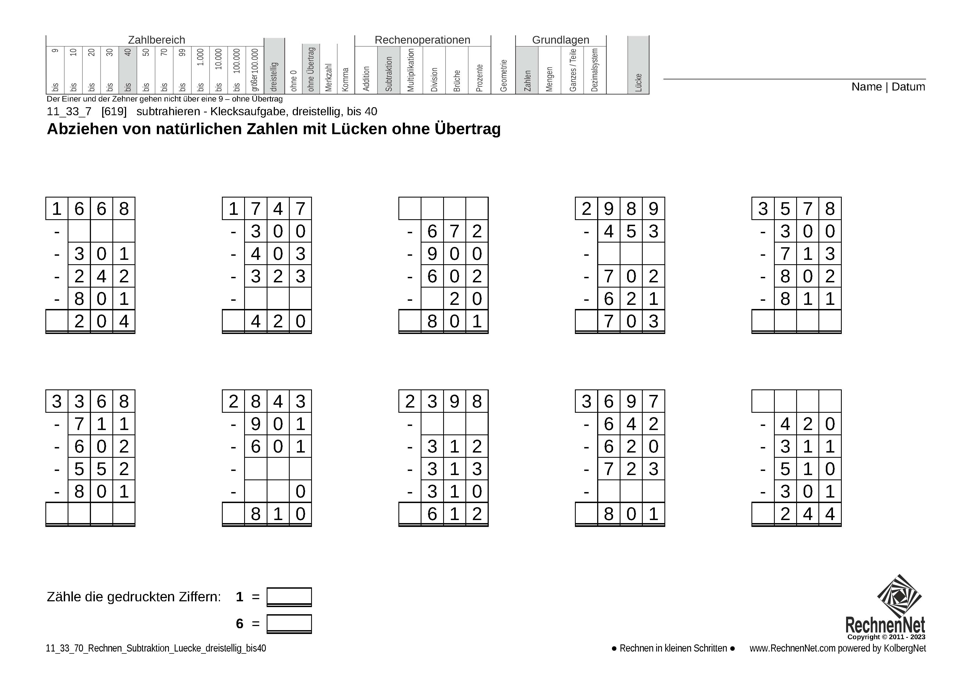 11_33_7 Rechnen Subtraktion Lücke dreistellig bis40 11_33_7 Rechnen Subtraktion Lücke dreistellig bis40